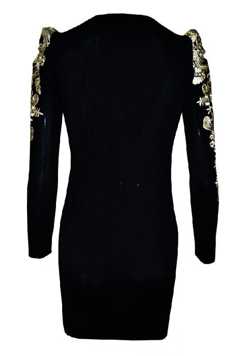 Gold Embroidered Puff Sleeve Mini Dress In Black
