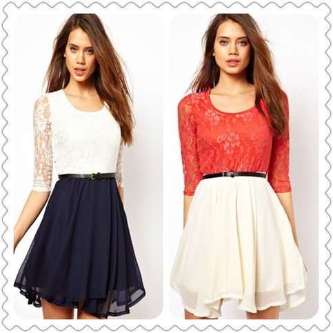 Lace Contrast Navy Chiffon Belt Dress