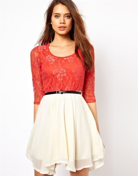 Lace Contrast Navy Chiffon Belt Dress