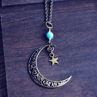 Mystical Moon Necklace, Crescent Moon and Star Necklace - Thumbnail 1