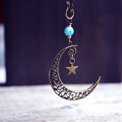 Mystical moon necklace, crescent moon and star necklace