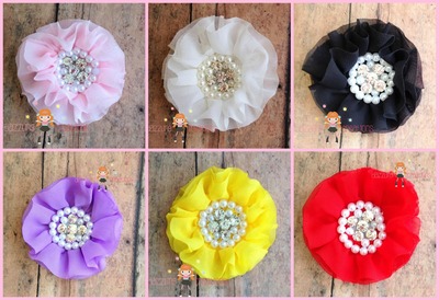 Assorted hair flowers/pink/yellow/black/white/yellow/red pearl rhinestone centers/perfect photo prop/newborns/kids
