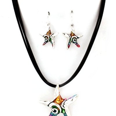 Hand painted starfish pendant necklace w/earrings set-(silver starfish/multicolor)-womens