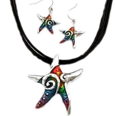 Hand painted starfish pendant necklace w/earrings set-(silver starfish/multicolor)-womens