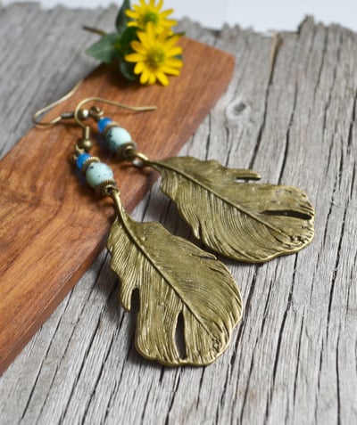 Long Feather Earrings, Boho Style, Floating Feather, Feather Charm Earrings