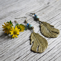 Long Feather Earrings, Boho Style, Floating Feather, Feather Charm Earrings - Thumbnail 1
