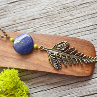 Fern Necklace, Fern Charm, Forest Jewelry, Lapis Stone, Nature Lover, Long Chain - Thumbnail 2
