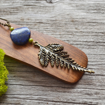 Fern necklace, fern charm, forest jewelry, lapis stone, nature lover, long chain - Thumbnail 4