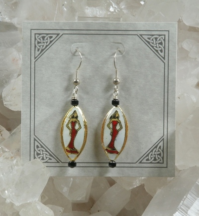 Cloisonne Lady in Red Dress Bead with Onyx Earrings
