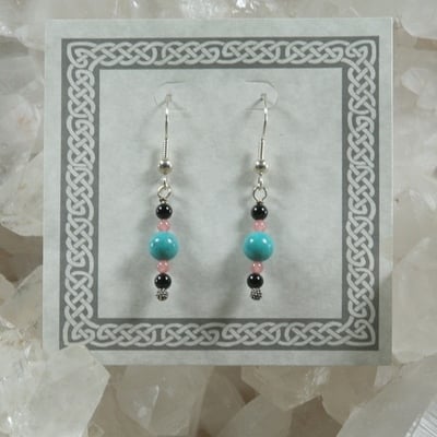 Turquoise, rhodochrosite and onyx earrings - Thumbnail 4