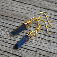 Quartz Point Earrings, Rainbow Quartz, Titanium Point, Wire Wrapped - Thumbnail 2