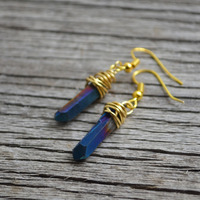 Quartz Point Earrings, Rainbow Quartz, Titanium Point, Wire Wrapped - Thumbnail 4