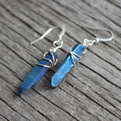 Quartz point earrings, rainbow quartz, titanium point, wire wrapped - Thumbnail 3