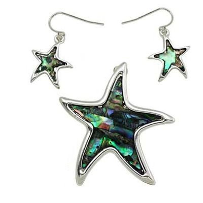 Starfish pendant necklace w/earrings set-(silver starfish/abalone)-womens