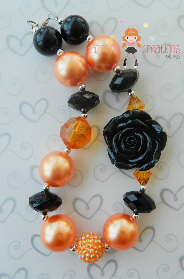 Black/Orange/Flower Halloween Chunky Necklace/and Flower Hair Pony/Perfect Photo Props/Costumes