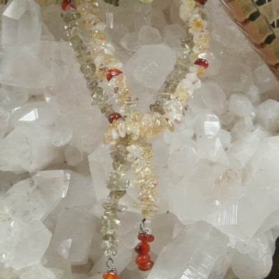 Citrine, smokey quartz and carnelian lariat style necklace