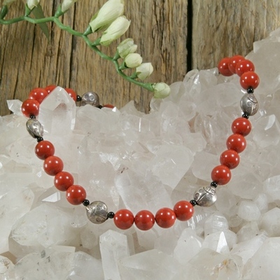 Red jasper and onyx with silver ladybugs necklace