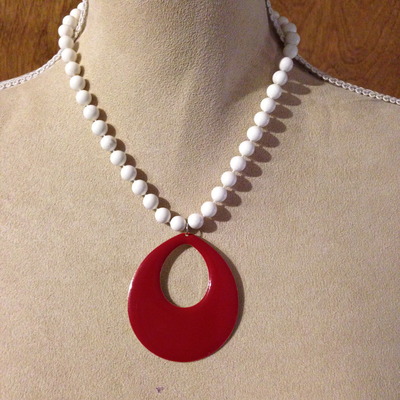 White bead with Red Oval Pendant