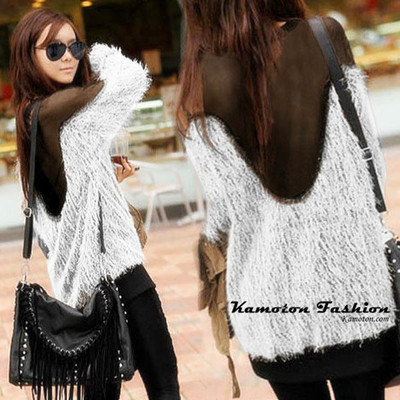 1026 womens long sleeves backless transparent soft fur blouse tops