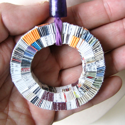 Paper necklace on purple cotton cord