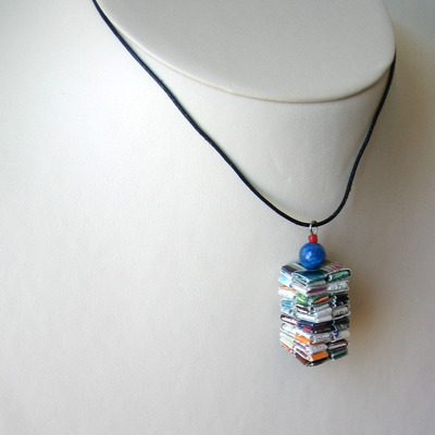Reclaimed materials necklace with lapis bead on leather cord