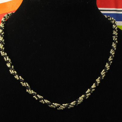 Hand woven glass beaded spiral rope - metallic green and black