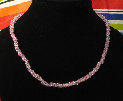 Hand woven glass beaded spiral rope - pink and clear