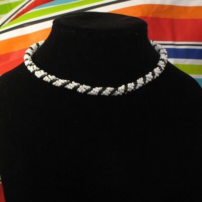 Hand woven glass beaded spiral rope - black and white