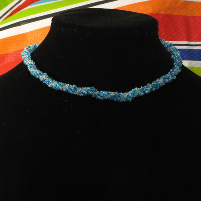 Hand woven glass beaded spiral rope - blue and clear