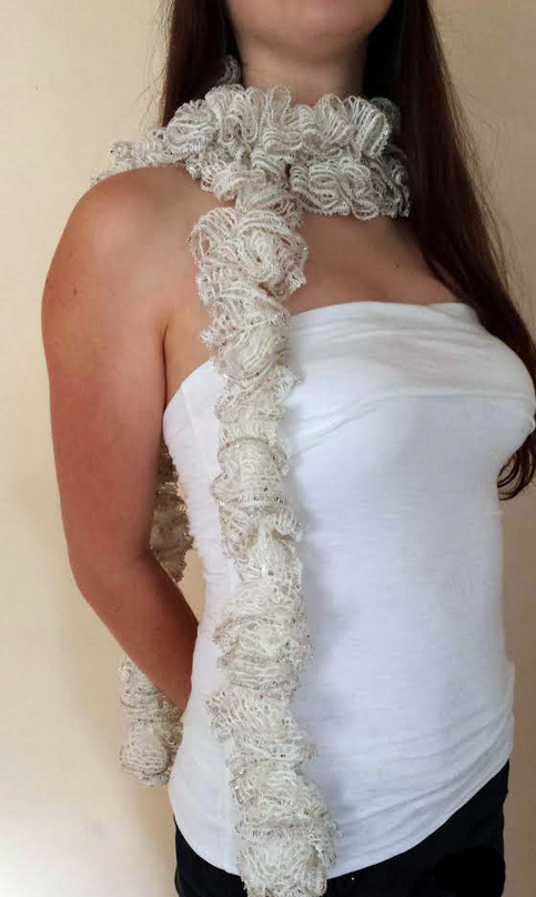 Hand Made creme colored glitter Ruffle Scarf 84"  