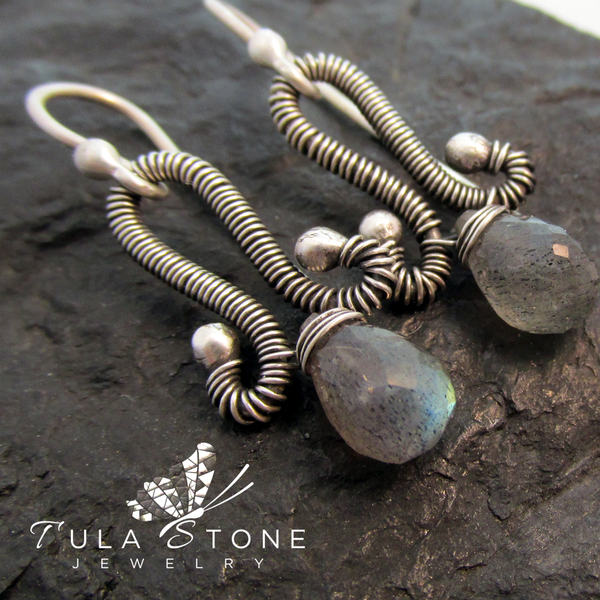 Dainty Coiled Sterling and Labradorite Dangle Earrings