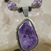 Charoite and Onyx Necklace with Charoite Pendant - Thumbnail 1