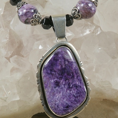 Charoite and onyx necklace with charoite pendant