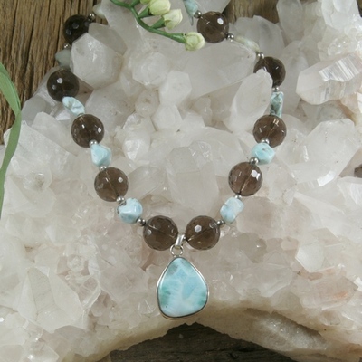 Larimar and smokey quartz necklace with larimar pendant - Thumbnail 2