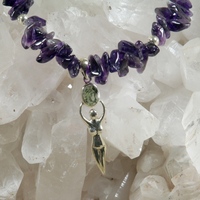 Amethyst Necklace with Goddess and Moldavite Pendant - Thumbnail 1