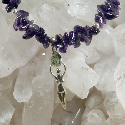 Amethyst necklace with goddess and moldavite pendant