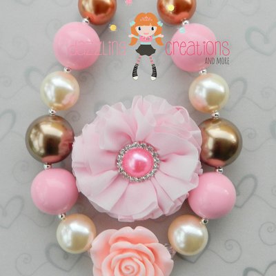 Pink rose pendant/brown/pink pearl chunky necklace/pink flower rhinestone center headband/girls jewerly/hair clips/photo props/fall necklace