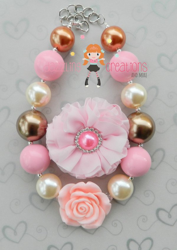 Pink Rose Pendant/Brown/Pink Pearl Chunky Necklace/Pink Flower Rhinestone Center Headband/Girls Jewerly/Hair Clips/Photo Props/Fall Necklace