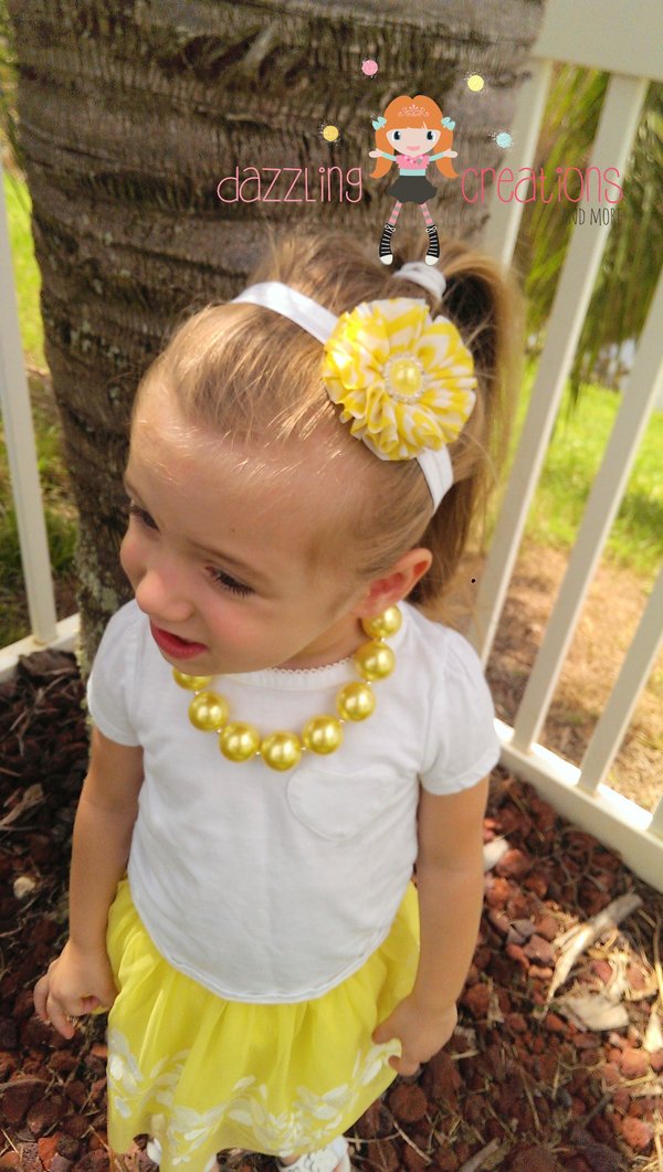 Yellow Pearl Chunky Necklace/Lemon Inspired/Flower Rhinestone Center Headband/Girls Jewerly/Girls Hair Clips/Photo Props