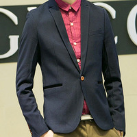 Fashion Cotton Korean Style Plain Men Suit Jackets 918SJ-F112-138-Navy Blue - Thumbnail 1