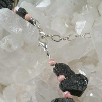 Meteorite and rhodochrosite necklace with rhodochrosite pendant