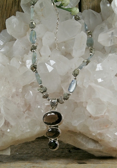 Blue Kyanite, Pyrite and Smokey Quartz Necklace with Smokey Quartz Pendant