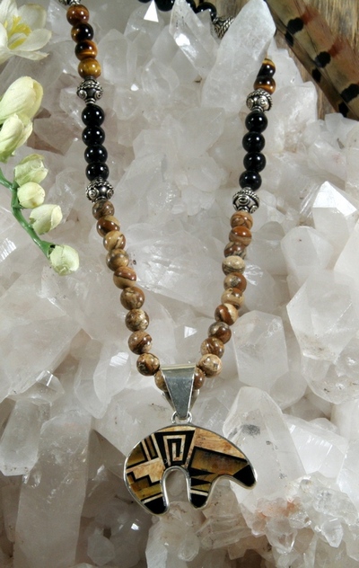 Picture Jasper, Black Tourmaline, Tiger Eye Necklace with Inlay Spirit Bear