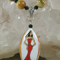 Honey Tiger Eye and Onyx with a Cloisonne Lady in Red Dress Pendant - Thumbnail 1