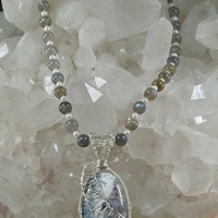 Labradorite and Pearl Necklace with Dendritic Agate (Merlinite) Pendant - Thumbnail 1