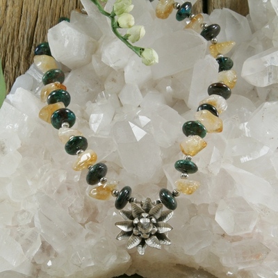 Citrine and chrysocolla necklace with hill tribe silver flower