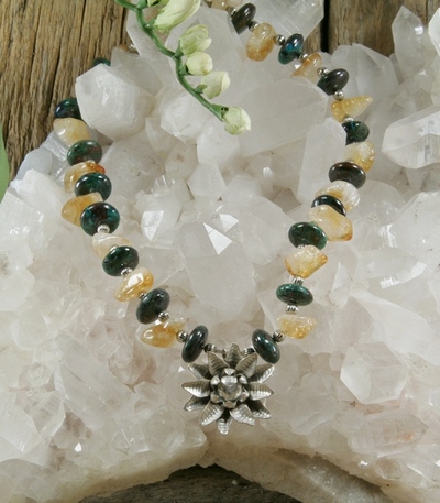 Citrine and Chrysocolla Necklace with Hill Tribe Silver Flower