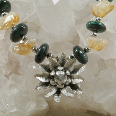 Citrine and chrysocolla necklace with hill tribe silver flower