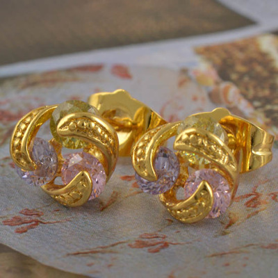 Gold Stud Earrings with Colored Crystals