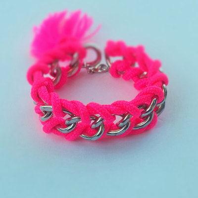 Pink chain bracelet / cord and chain bracelet / chain bracelet / neon pink cord / chunky bracelet / arm candy / stacking bracelet / bff
